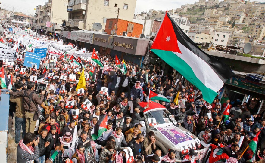 Jordanians march in the capital Amman on Feb. 6. Many Jordanians had expressed skepticism, if not outright opposition to the country's military role in the coalition against the Islamic State. But as this march showed, support swelled after a Jordanian pilot was captured and killed by ISIS.