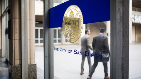 San Diego's seal is shown at the downtown City Administration Building, May 8, 2018. 