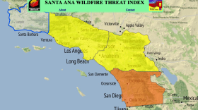 This map of the Santa Ana Wildfire Threat Index for San Diego County shows the region is under a level 3 alert, due to 20 to30 mph sustained winds and low humidity values, November 5, 2014.
