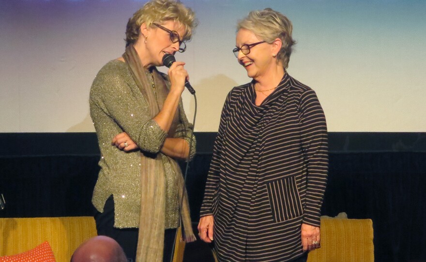 Maria Bamford and her mother, Marilyn, on stage during The Marilyn Bamford Collective at the RIOT Festival in Los Angeles.