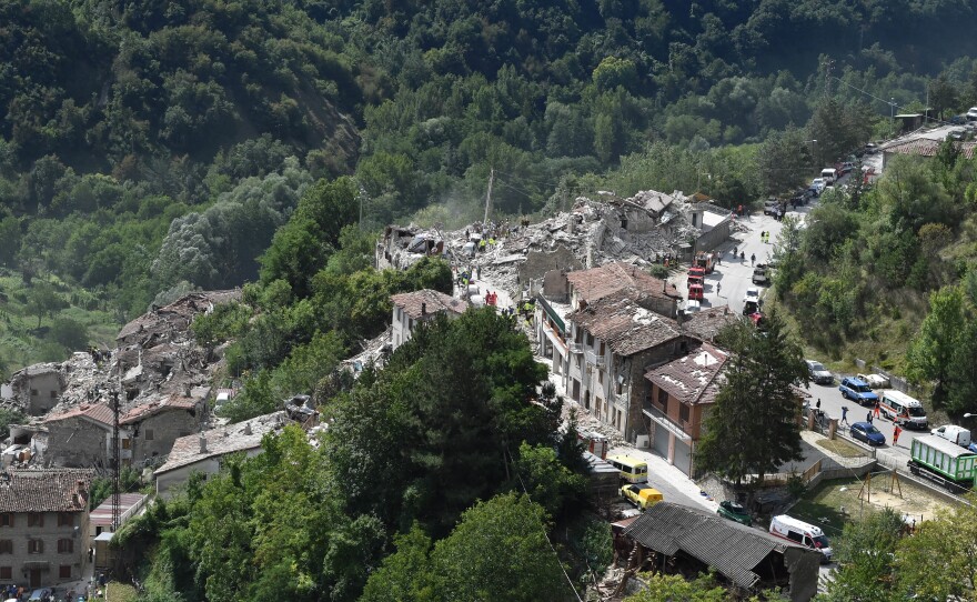 An overview of Pescara del Tronto shows damage caused by an earthquake early Wednesday morning. Numerous buildings have collapsed in mountain towns near the quake in central Italy.