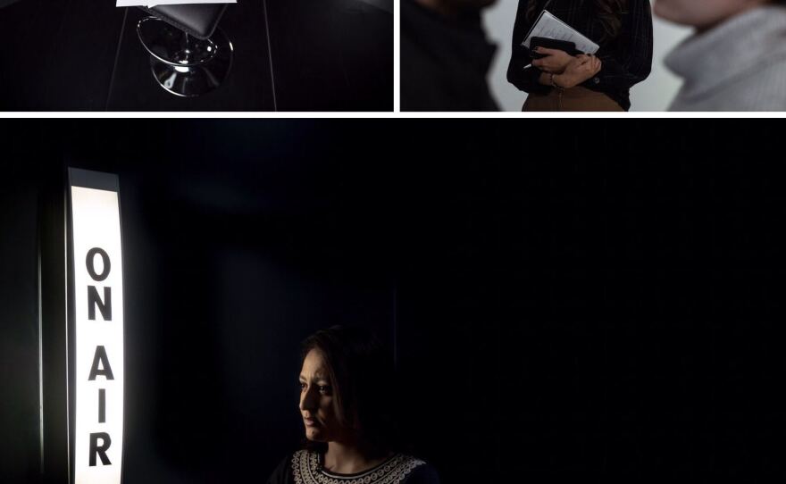 Top left: Photographs of  Abdelmoniem sit on a chair after Khaled gave an interview with a major news outlet in Washington. Top right: Khaled and her husband talk after meeting with Bethany Poulos, a foreign policy assistant to Sen. Marco Rubio. Bottom: Khaled poses for a portrait minutes before appearing on air with Al Jazeera.
