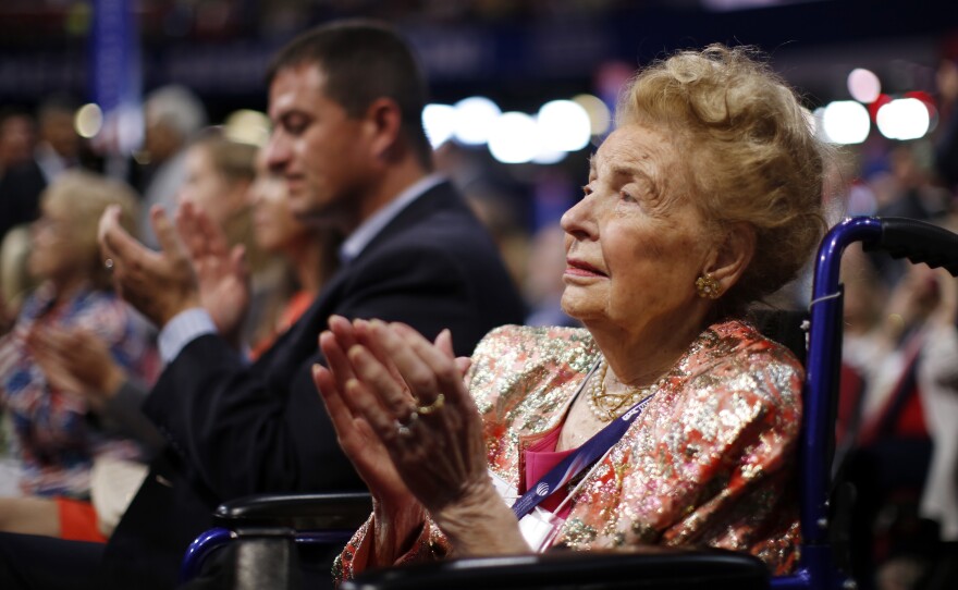 Missouri delegate Phyllis Schlafly watches during the second day session of the Republican National Convention in Cleveland, on July 19.