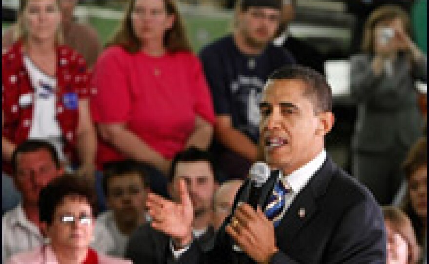 Illinois Sen. Barack Obama speaks during a rally Tuesday at suit maker Thorngate Ltd. Company, in Cape Girardeau, in the swing state of Missouri. Obama is increasingly focusing on a general election strategy.