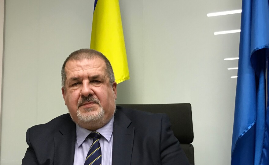Refat Chubarov, the head of the Crimean Tatars' representative body the Mejlis, in his office in the Ukrainian capital Kiev, last month. He cannot return to Crimea, and the Mejlis has been banned by the Russian authorities.