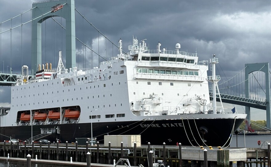 The Empire State VII, a first of its kind training ship, at SUNY Maritime College by the Throgsneck Bridge in the Bronx.