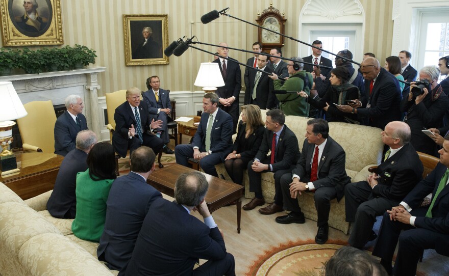 President Trump, accompanied by Vice President Pence, speaks during a meeting with the Republican Study Committee.