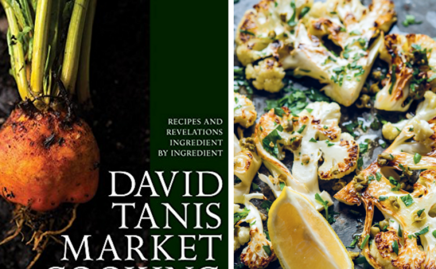 A book cover of chef David Tanis' cookbook, "Market Cooking" next to his seared cauliflower dish in a skillet.