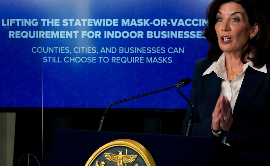 New York Gov. Kathy Hochul speaks on allowing the state's indoor mask mandate to expire during a press conference on Feb. 9. She was among several Democratic governors to announce an end to the mandates.