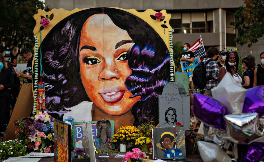 A makeshift memorial in Injustice Square Park in downtown Louisville for Breonna Taylor in Sept. 2020 in Louisville, KY.  Taylor was killed a year ago during in her home during a botched narcotics raid carried out by Louisville police.