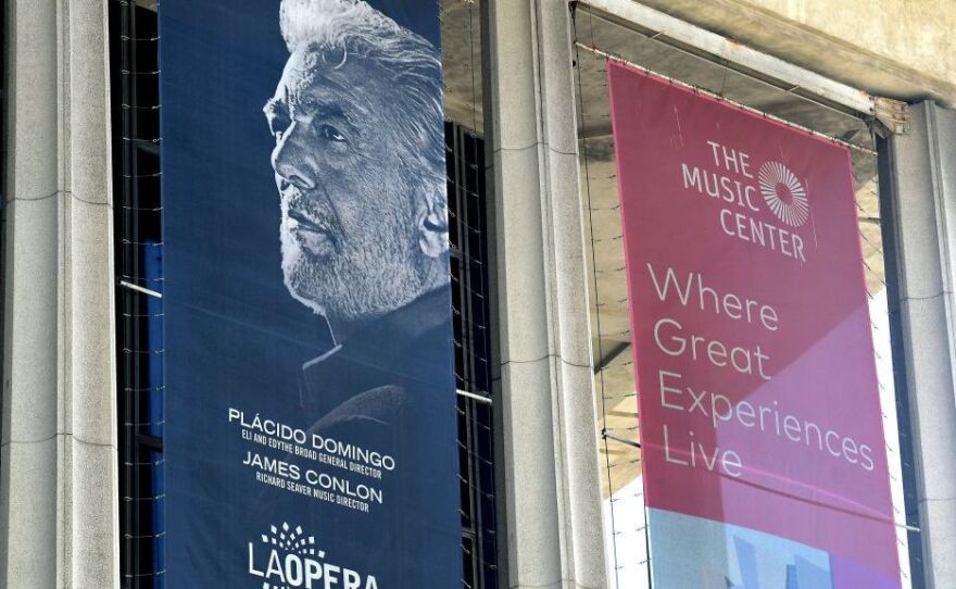 A banner advertising singer Plácido Domingo and the LA Opera on Aug. 13, 2019 — the same day that The Associated Press printed women's first public accusations against the singer.