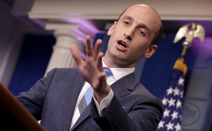 Senior White House policy adviser Stephen Miller talks to reporters about President Trump's support for creating a "merit-based immigration system" in the James Brady Press Briefing Room at the White House on Aug. 2.