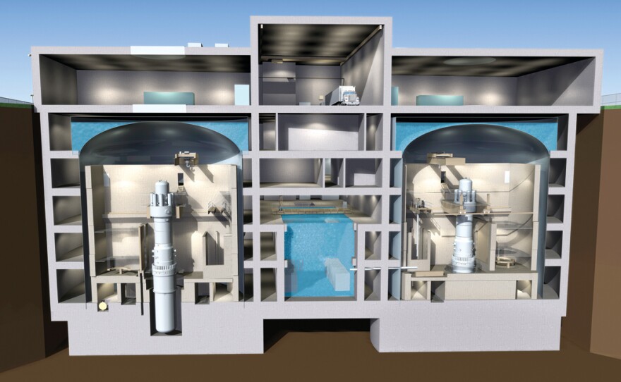 A cutaway rendering of Babcock & Wilcox's mPower reactor. The vertical tubes are the nuclear reactor chambers.