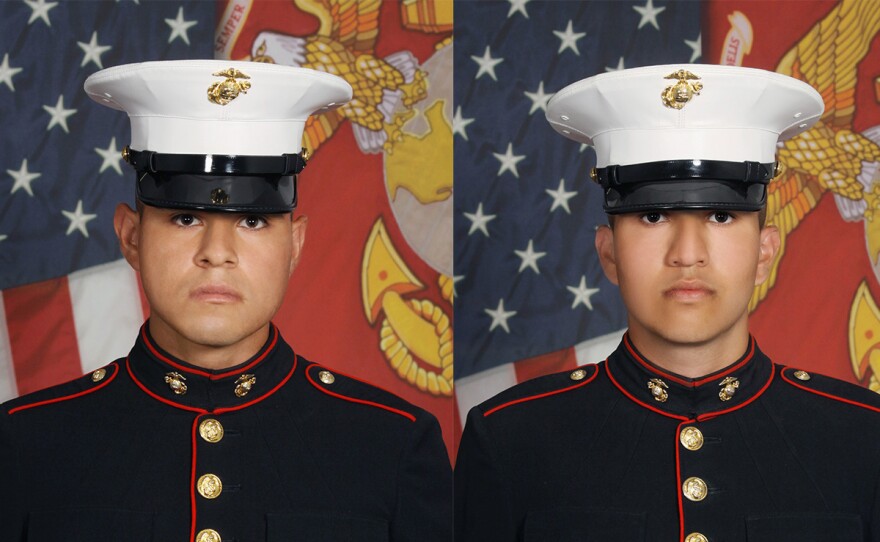 Lance Cpl. Marcelino M. Gamino (left) and Lance Cpl. Albert A. Aguilera (right) are shown in undated photos. The Marines died after a vehicle accident April 15 while supporting Joint Task Force Southern Border operations.
