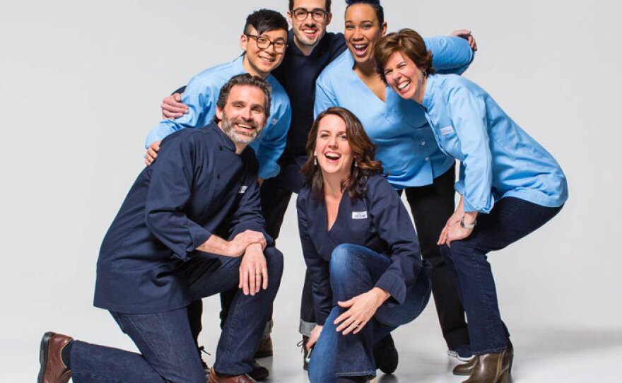 Test cooks group photo (left to right): Erin McMurrer (center), Keith Dresser, Tim Chin, Dan Souza, Elle Simon and Becky Hays.