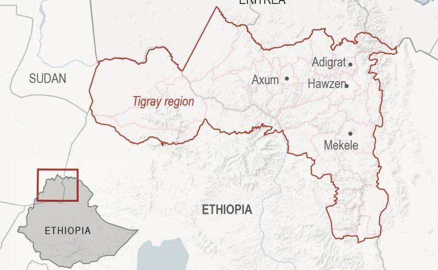 A map showing Ethiopia's Tigray region, highlighting key cities.