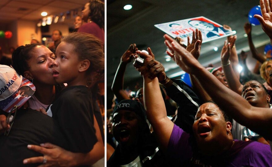 L: Shaunna Stribling kisses her daughter Rajha Davis, 6, in Denver after Barack Obama won the presidential election on Nov. 4, 2008. R: Obama supporters celebrate his win in Birmingham, Ala.