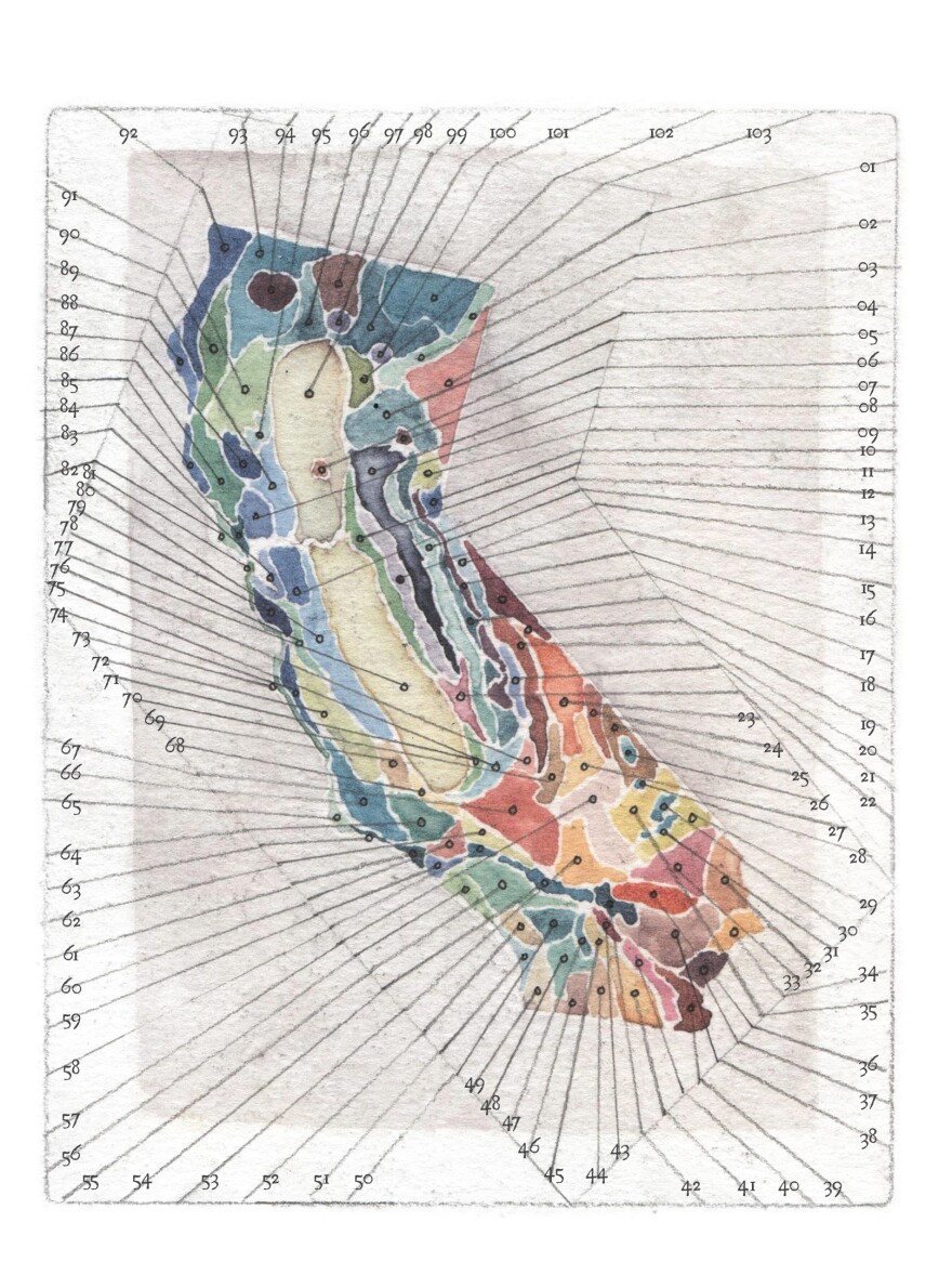 Obi Kaufmann painted this map of the ecological regions of California for his book "The California Field Atlas."