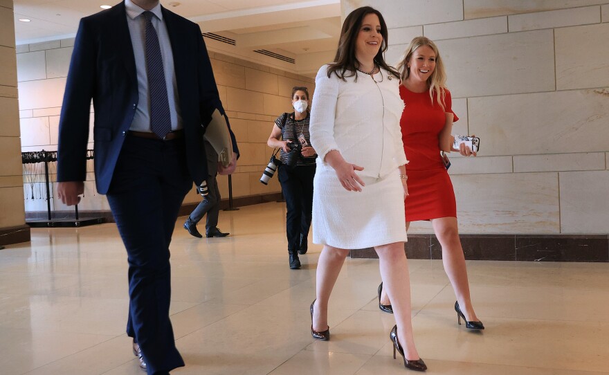 Stefanik (left) and Leavitt (Right) walk through the Capitol Visitors Center on May 14, the day Republican members voted Stefanik to House leadership.