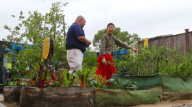Host Su-Mei Yu (right) talks with Joe Mazares (left), an Urban Corps representative, about how the Energy Innovation Center's garden helps visitors learn to save water and energy and maximize their space.