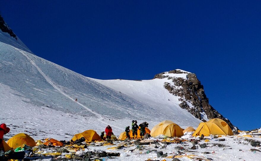 The mountaineering camp just below the summit of Mount Everest is located on a glacier that is rapidly disappearing.
