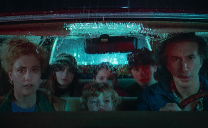 From left, Greta Gerwig as Babette, Raffey Cassidy as Denise, May Nivola as Steffie, Sam Nivola as Heinrich and Adam Driver as Jack in <em>White Noise</em>.