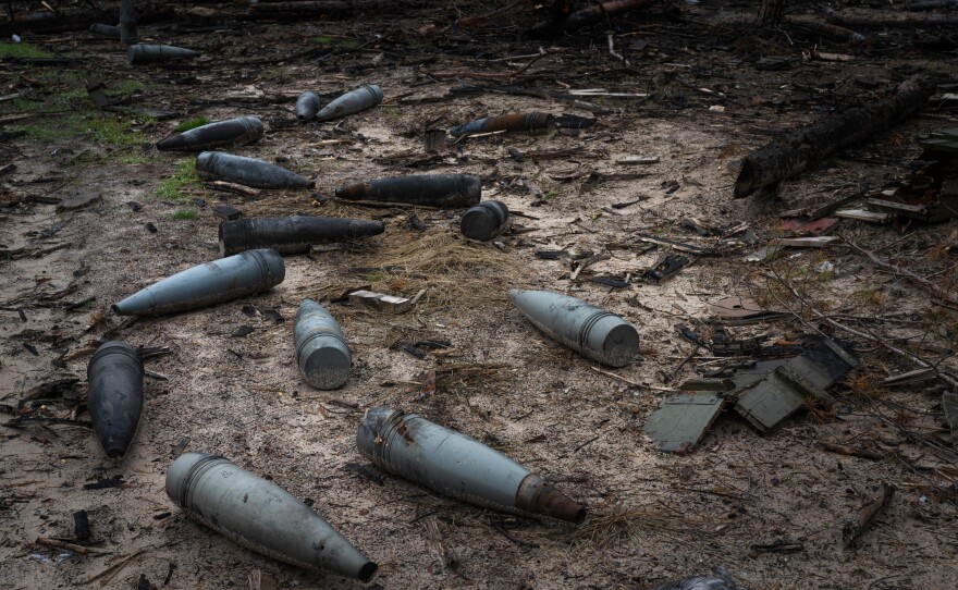 A damaged woodland area that the Russians used as an ammunition storage site west of Izium, before they were driven out.