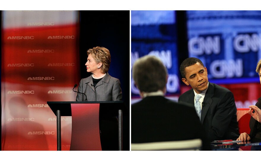 (Left) Obama answers a question as Clinton watches during the first debate of the 2008 presidential campaign on April 26, 2007, in Orangeburg, S.C. (Right) Obama and Clinton participate in a debate in Los Angeles on Jan. 31, 2008.