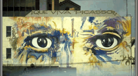 The first Eyes of Picasso. 1977 - 1982  Medium: Acrylic Mural, 40' x 65'
Location: Community Arts Bldg. 3rd & E Streets, San Diego. Now demolished.