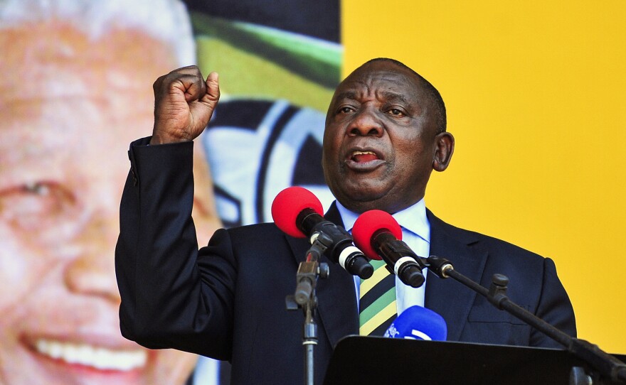 Cyril Ramaphosa seen delivering a speech Sunday at the Grand Parade in Cape Town, South Africa, before he was elected president.