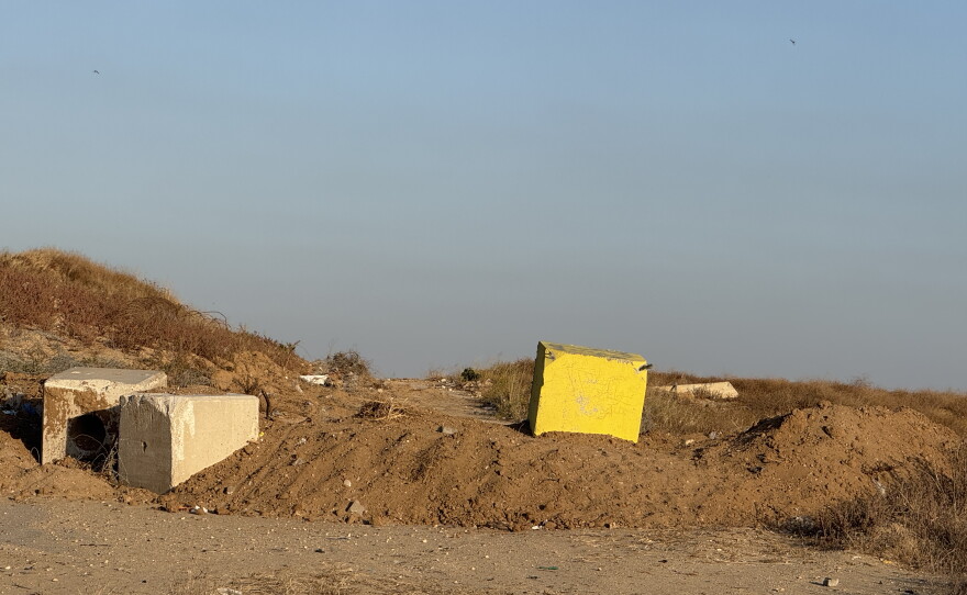 A yellow block placed by Israeli forces marks the expanding territory controlled by the military in Bureij, Gaza, on May 7, 2026. Palestinians are barred from entering the area.