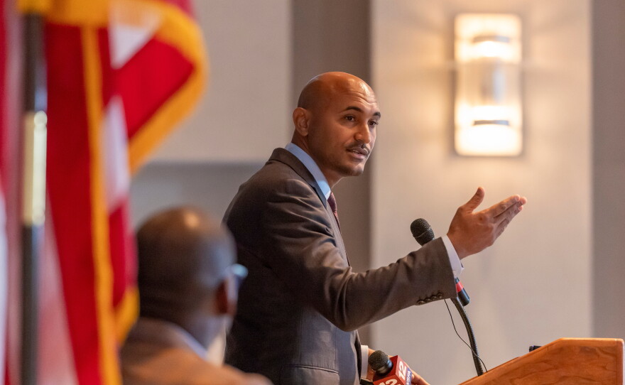 Rep. Shomari Figures speaks at an event hosted by the Montgomery Regional Chamber of Commerce on July 29 in Montgomery, Ala.