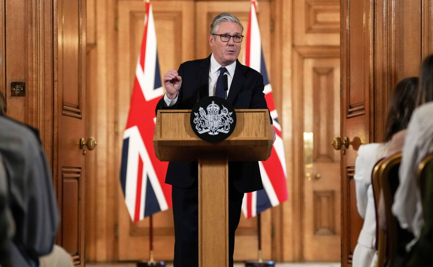 Britain's Prime Minister Keir Starmer attends a press conference to announce government action to protect children online, at Downing Street in central London, Monday, June 15, 2026.