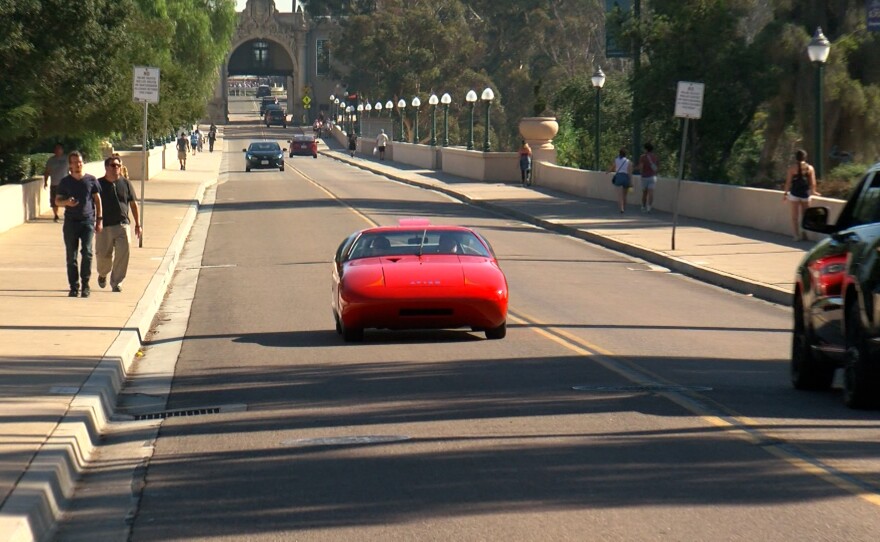 The Avion car is shown heading across the Cabrillo Bridge in Balboa Park on Nov. 3, 2023.