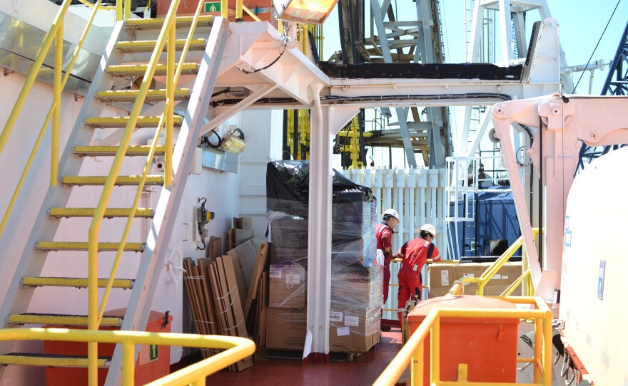 The crew is gathering on the JOIDES Resolution research vessel in this photo taken on September 18, 2019. 