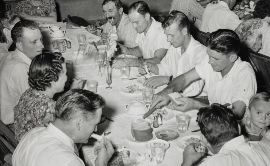 Spaghetti supper at Grape Festival, Tontitown, Arkansas, Aug. 16, 1941. Writers and photographers for the America Eats projects captured eclectic scenes across the nation, from Texas up to Vermont and the Atlantic to the Pacific.