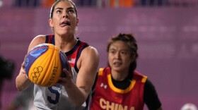 Kelsey Plum, of the United States, shoots during a women's 3-on-3 basketball game against China at the 2020 Summer Olympics, Monday, July 26, 2021, in Tokyo, Japan.
