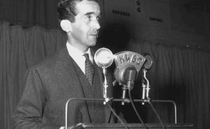 Edward R. Murrow, a CBS correspondent who made his name from the front lines of World War II and from confronting Sen. Joseph McCarthy during the 1950s Red Scare, during a speaking engagement.