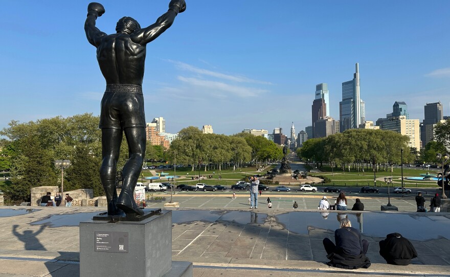 The Rocky statue overlooks the city skyline outside the Philadelphia Museum of Art in Philadelphia, Wednesday, April 22, 2026.