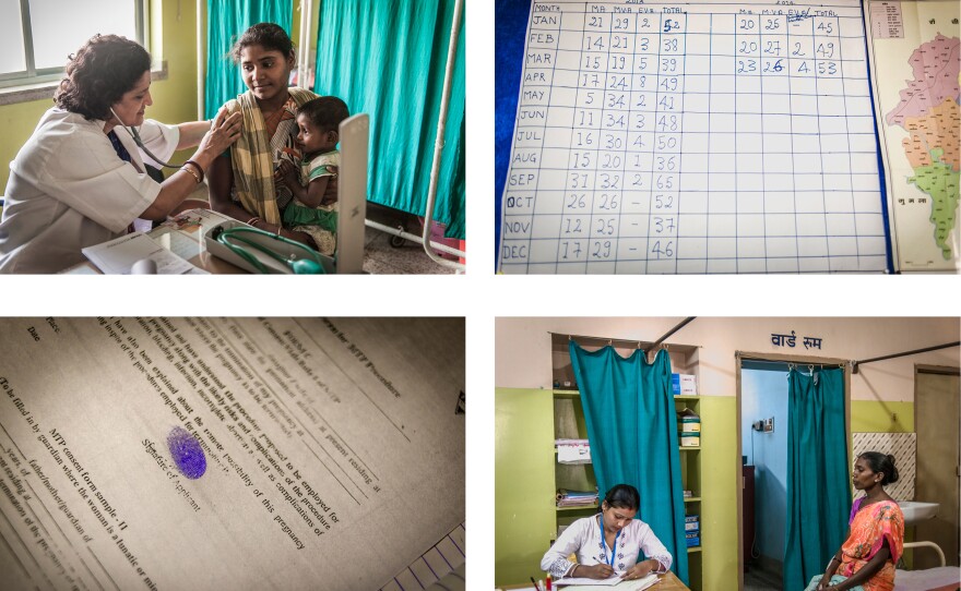Clockwise from top left: Dr. Simmi Mahesh examines a patient. A chart shows the number of abortions performed at the clinic. Illiterate patients sign the consent form with a thumbprint. Palo Khoya waits with the doctor's assistant.