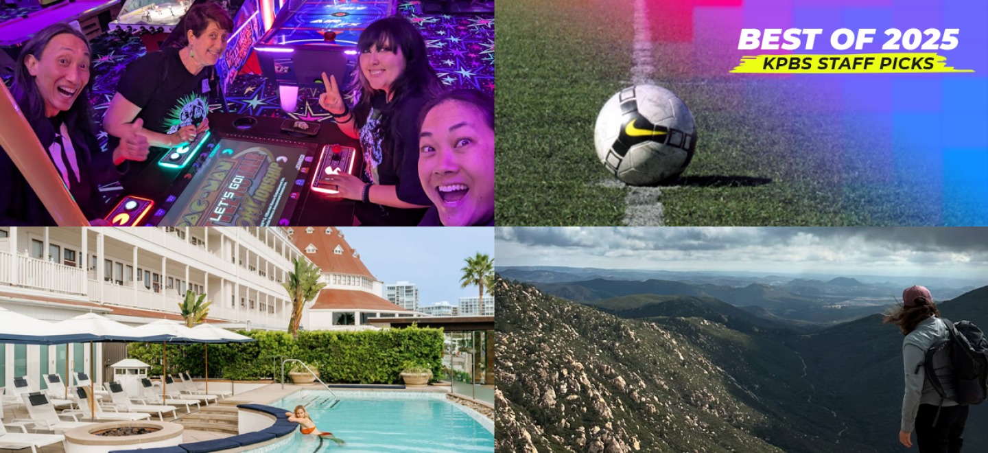 Some of the local places featured on KPBS' Best Wellness and Self-Care of 2025 list are shown. Top row, from left: Arcade Monsters and Sportsplex USA Santee. Bottom row, from left: Hotel del Coronado and Corte Madera Mountain.