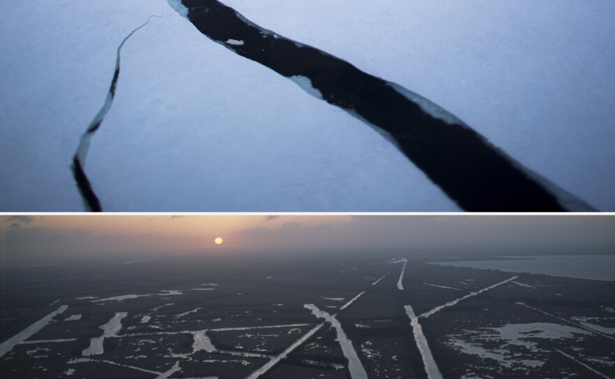 (Top image) Cracks in sea ice extend from the ship's bow in the Lemaire Channel of the Antarctic Peninsula in November 2017. (Bottom image) Oil and gas pipeline and exploration canals cut into the marshlands near Larose, La., in November 2006.