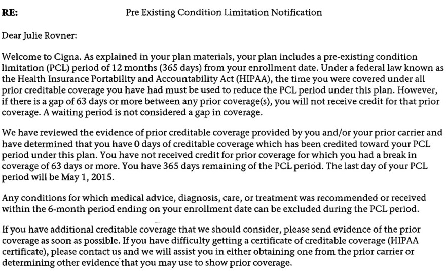 A second letter from from Cigna to Julie Rovner provides proof of her past health coverage.
