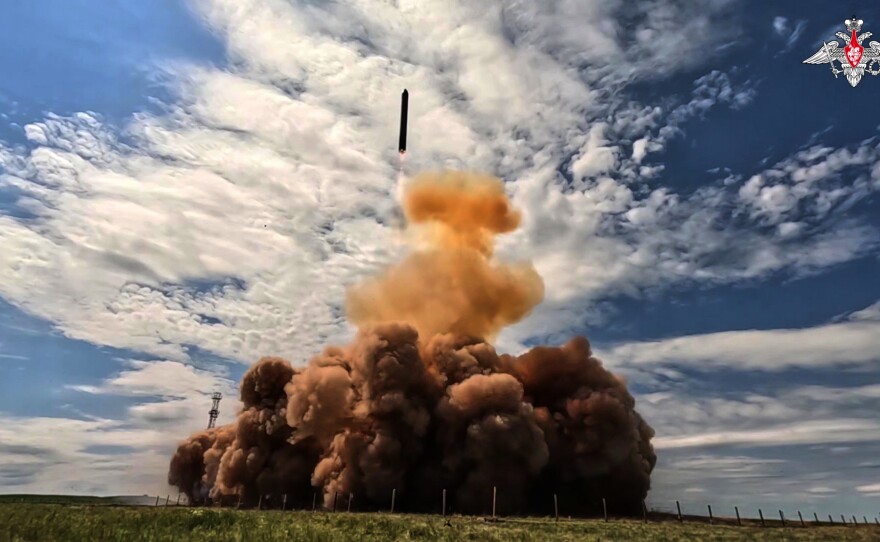 In this image made from video provided by Russian Defense Ministry Press Service on Tuesday, May 12, 2026, Russia's new Sarmat intercontinental ballistic missile is test launched at an unspecified location in Russia.