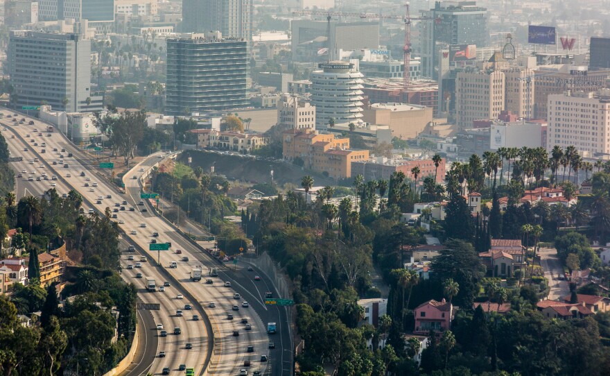 An elevated view of smog and air pollution in Hollywood, Los Angeles, California, USA.