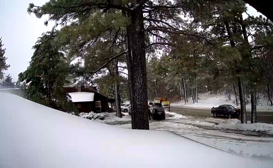 Snow falling at Laguna Mountain Lodge on Mount Laguna on Dec. 28. 2020