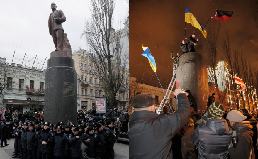 At right, Ukrainian protesters stand atop a ruined monument to Vladimir Lenin in central Kiev, Ukraine, Sunday, Dec. 8 — one week after police protected the statue during protests, left. The statue of the Bolshevik leader was toppled and broken apart with sledgehammers.