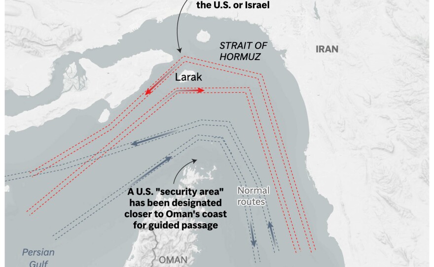 The image above shows the Strait of Hormuz and its traditional shipping routes and northern routes that Iran has opened to vessels unaffiliated with the U.S. or Israel.