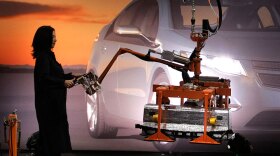 The first battery pack for the General Motors Chevrolet Volt extended-range electric vehicle comes off the assembly line in Brownstown Township, Mich.