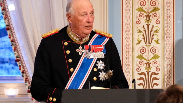 FILE - Norway's King Harald gives a speech during a gala dinner at the Palace in connection with the state visit of the Icelandic presidential couple, in Oslo, on April 8, 2025.